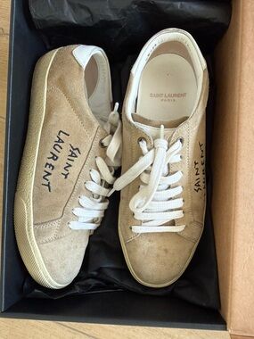 Saint Laurent Women’s Beige Suede Low-Top Sneakers with Logo